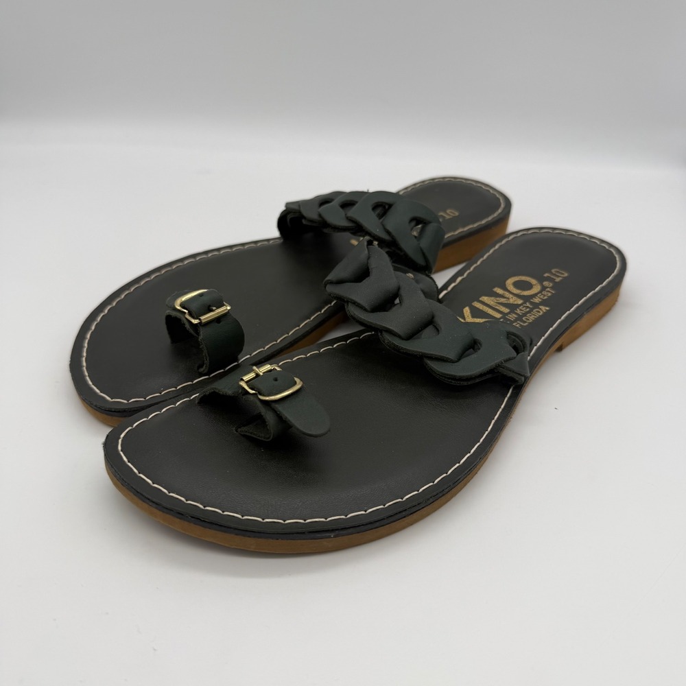 Kino Sandals Key West Florida Black Leather Braided Toe Loop Slides Womens 10